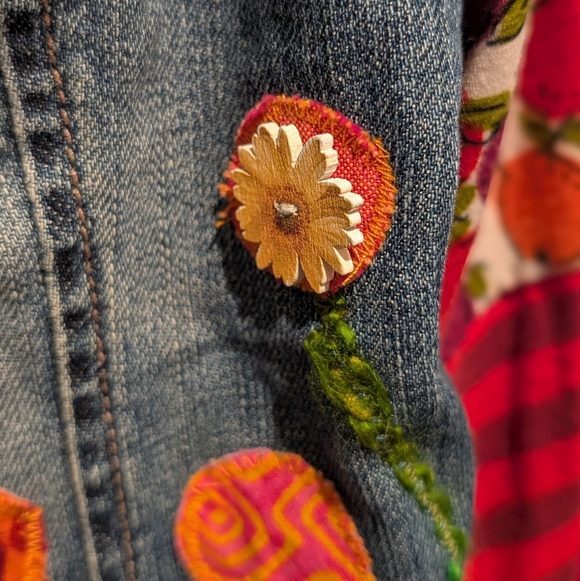 Colorful Denim Jacket with Floral Flowy Sleeves - Picture 2 of 7